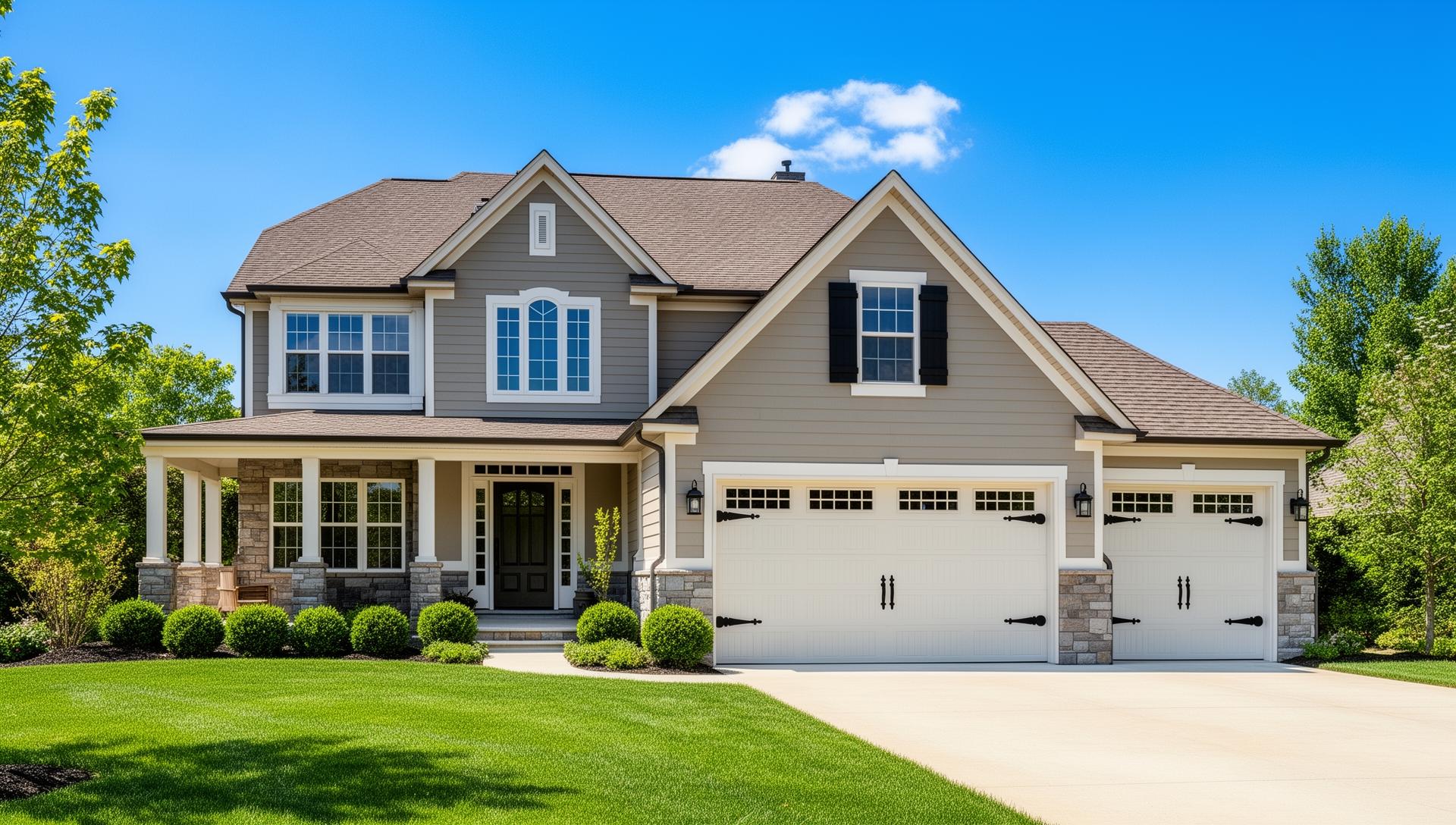 Beautiful suburban home with classic carriage house garage doors in Marlborough, MA